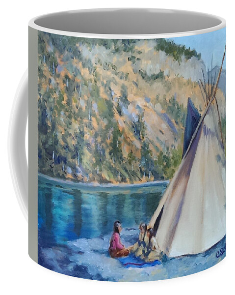 Tipi Coffee Mug featuring the painting Camp by the Lake by Connie Schaertl