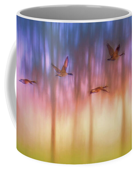 Canada Geese Coffee Mug featuring the photograph Canada Geese - Flight - Sunset by Nikolyn McDonald
