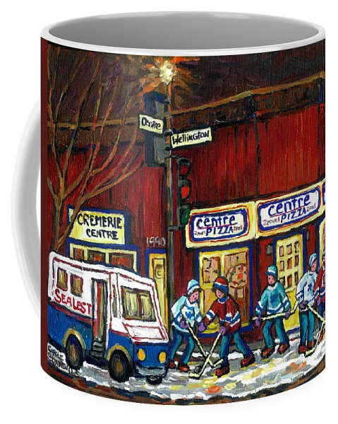 Centre Pizza Coffee Mug featuring the painting Canadian Art Pointe St Charles Paintings Night Hockey Game Centre Pizza Sealtest Delivery Truck by Carole Spandau