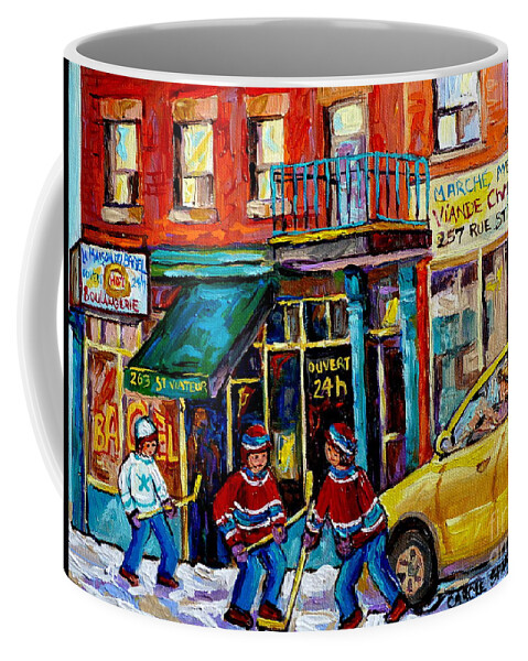 St.viateur Bagel Coffee Mug featuring the painting Canadian Art Street Scene Hockey Painting Montreal 375 Rue St Viateur Winter Scene Carole Spandau  by Carole Spandau