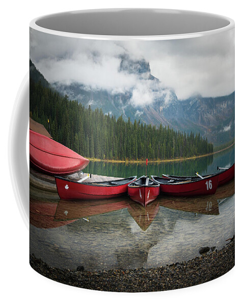 British Columbia Coffee Mug featuring the photograph Canoes at Emerald Lake by James Udall