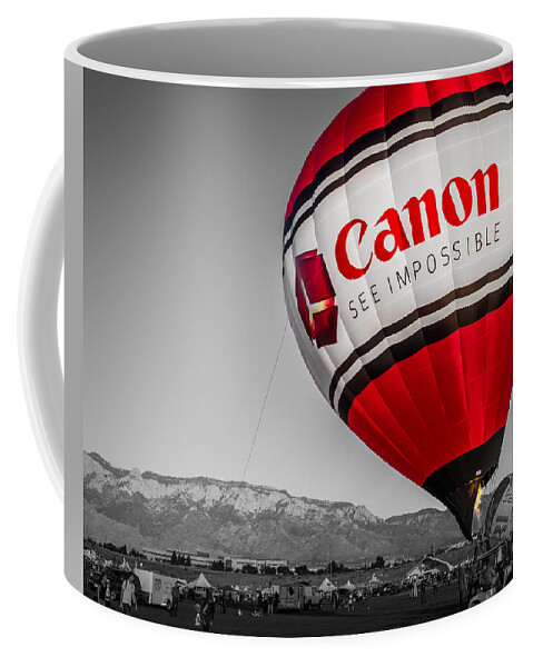 Albuquerque Coffee Mug featuring the photograph Canon - See Impossible - Hot Air Balloon - Selective Color by Ron Pate