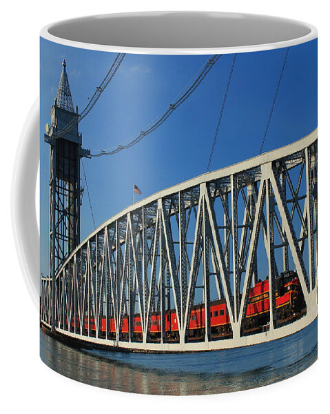 Railroad Coffee Mug featuring the photograph Cape Cod Canal Railroad Bridge Train by John Burk