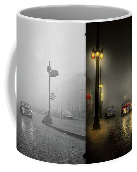 City Coffee Mug featuring the photograph Car - Down a lonely road 1940 - Side by Side by Mike Savad