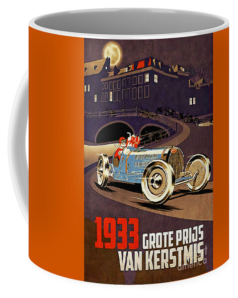 Racing Car Coffee Mug featuring the painting Car Racing Christmas Poster of the 30s by Ian Gledhill