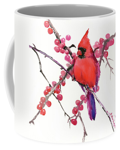 Cardinal Coffee Mug featuring the painting Cardinal and Berries by Suren Nersisyan