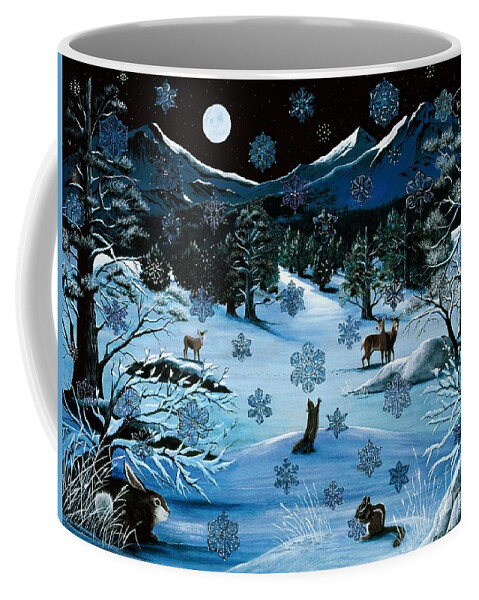 Snowflakes|mountains|night|winter|animals|whimsical| Coffee Mug featuring the painting Cascade Snowflake by Jennifer Lake