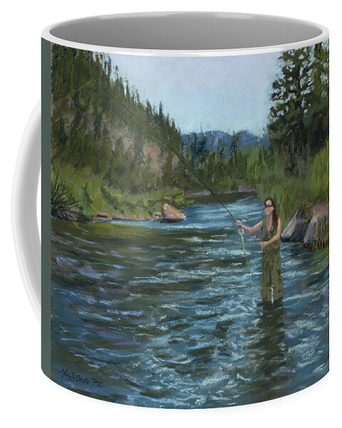 Fly Fishing Girl Coffee Mug featuring the painting Casting Call by Mary Benke