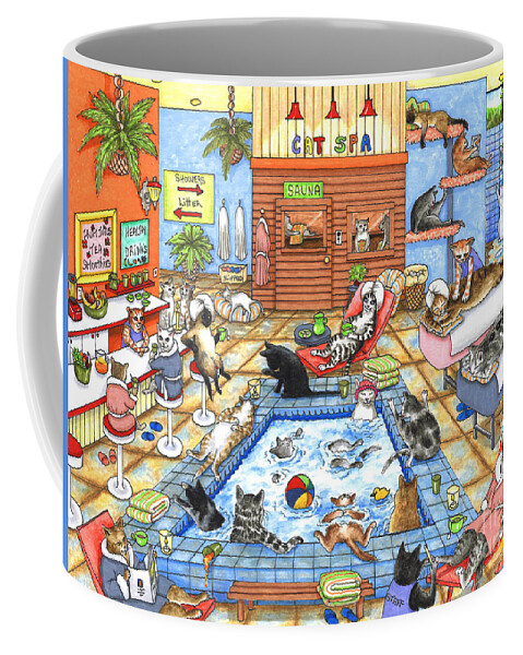 Cat Coffee Mug featuring the painting Cat 635 Cat Spa by Lucie Dumas
