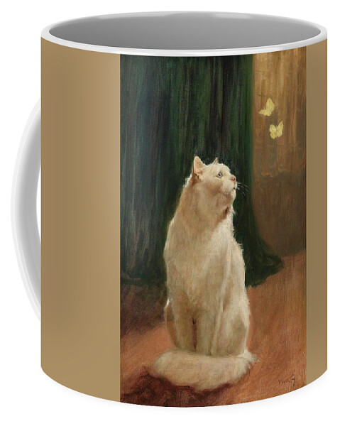 Arthur Heyer (1872-1931) Coffee Mug featuring the painting Cat And Butterflies by Arthur Heyer