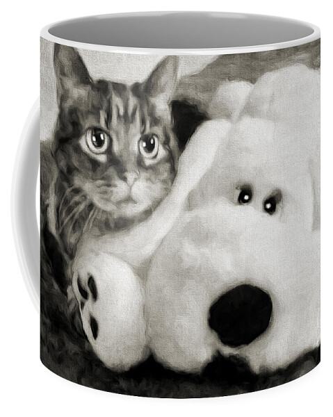 Andee Design Cat Coffee Mug featuring the photograph Cat And Dog In B W by Andee Design