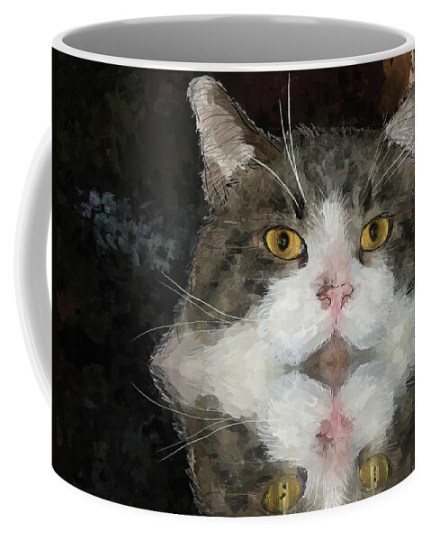 Animal Coffee Mug featuring the digital art Cat at the table by Debra Baldwin