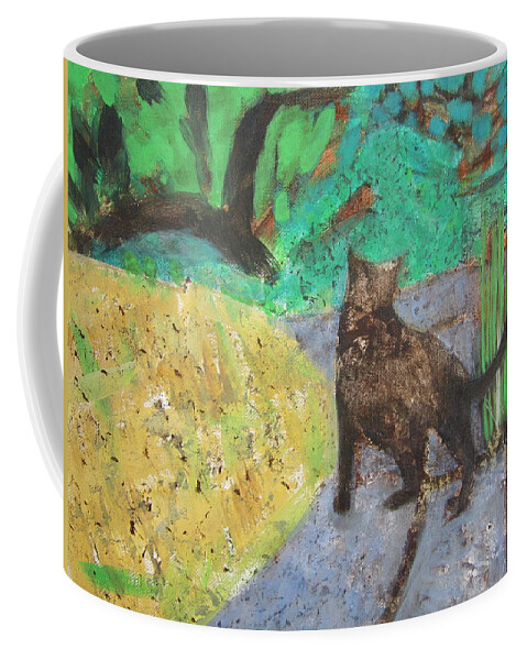 Cat In A Garden Coffee Mug featuring the painting Cat in a Garden by Kazumi Whitemoon