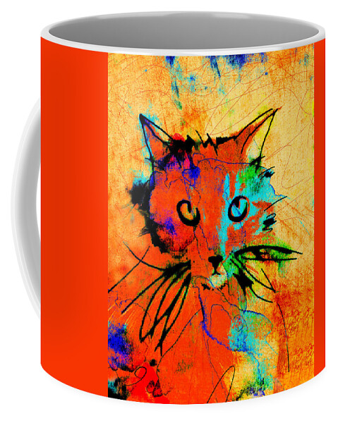 Cat Coffee Mug featuring the painting Cat In Red And Yellow by Ann Powell
