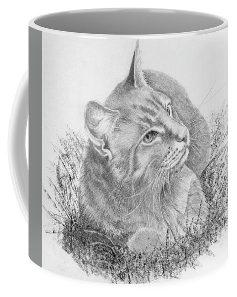 Cat Coffee Mug featuring the drawing Cat in the Grass by Louise Howarth