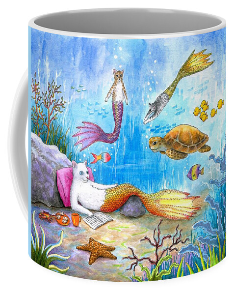 Cat Coffee Mug featuring the painting Cat Mermaid 31 by Lucie Dumas