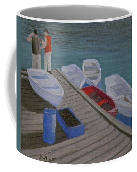 Harbor Boats Water Ocean Lobster People Dock Coffee Mug featuring the painting Catch Of The Day by Scott W White