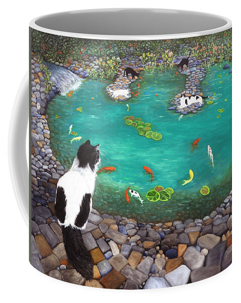 Karen Zuk Rosenblatt Coffee Mug featuring the painting Cats and Koi by Karen Zuk Rosenblatt
