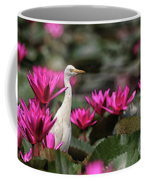 Bird Coffee Mug featuring the digital art Cattle Egret amongst Waterlilies by Sandeep Gangadharan