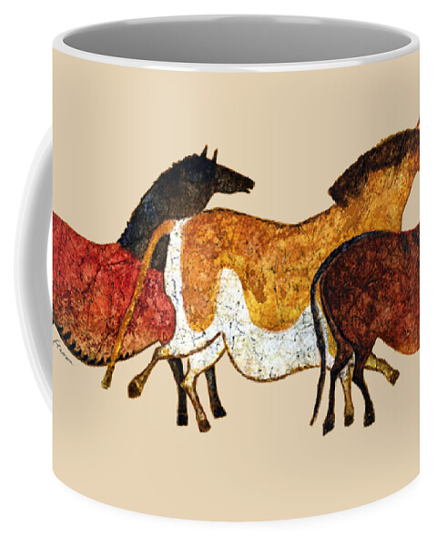 Cave Coffee Mug featuring the painting Cave Horses in Beige by Hailey E Herrera