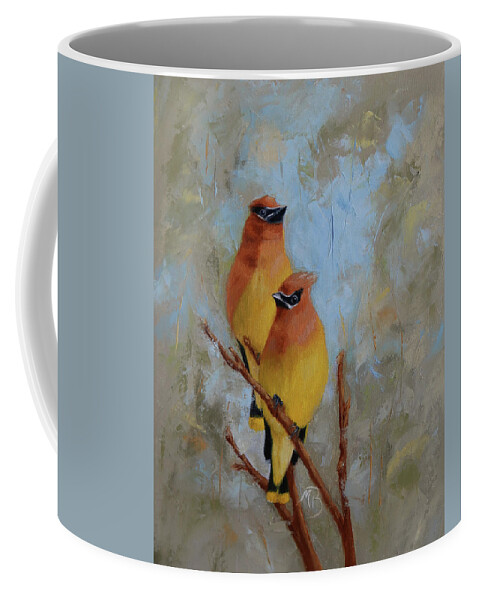 Wildlife Art Coffee Mug featuring the painting Cedar Waxwings by Monica Burnette