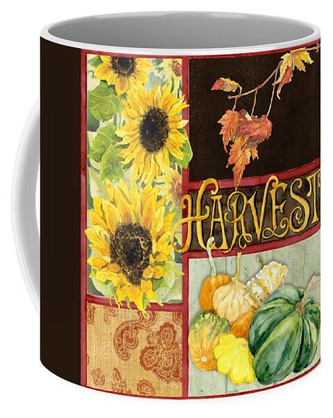 Leaf Coffee Mug featuring the painting Celebrate Abundance - Harvest Fall Leaves Squash n Sunflowers w Paisleys by Audrey Jeanne Roberts