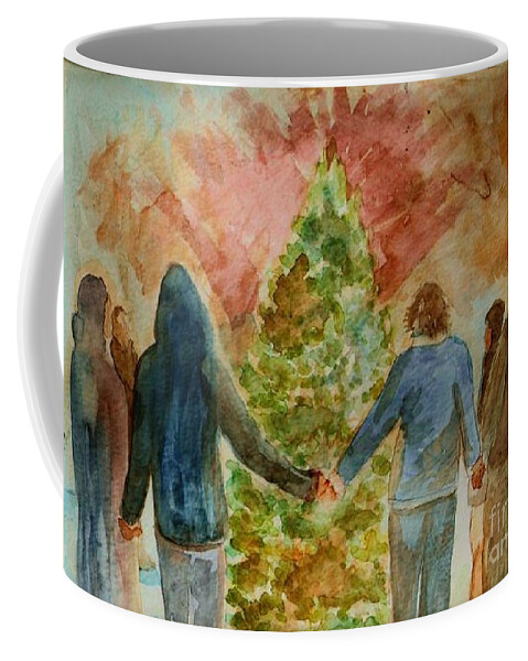 Christmas Card Coffee Mug featuring the painting Celebrate Together by Deb Stroh-Larson