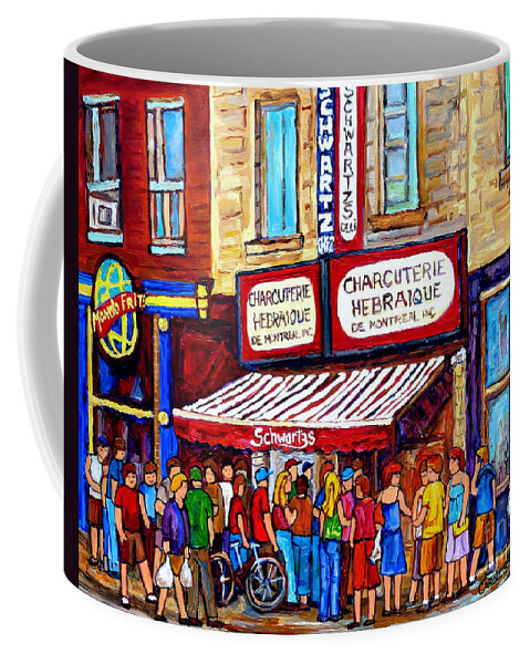 Montreal Coffee Mug featuring the painting Charcuterie Hebraique Schwartz Line Up Waiting For Smoked Meat Montreal Paintings Carole Spandau   by Carole Spandau