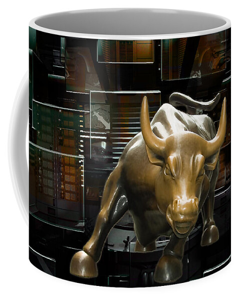 Wall Street Bull Coffee Mug featuring the mixed media Charging Bull by Marvin Blaine
