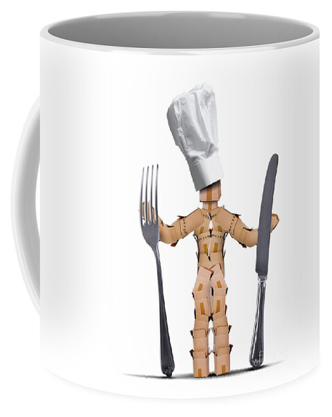 Kitchen Coffee Mug featuring the digital art Chef box man Character with cutlery by Simon Bratt