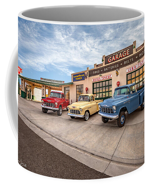 Chevrolet Coffee Mug featuring the photograph Chevys at the Main Street Garage - with signature by Ryan Smith