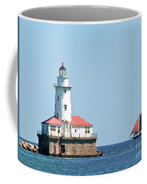 Boats Coffee Mug featuring the photograph Chicago Harbor Lighthouse and a Tall Ship by David Levin