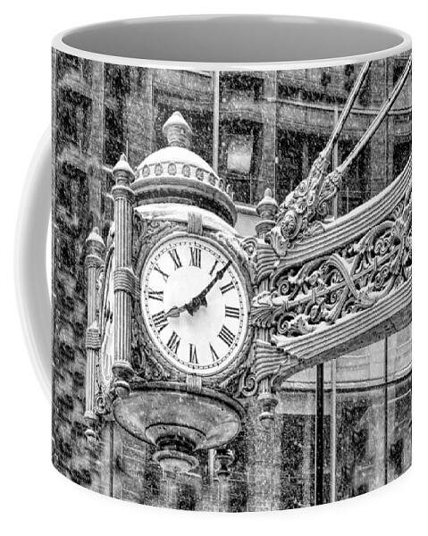 Chicago Coffee Mug featuring the photograph Chicago Marshall Field State Street Clock Black and White by Christopher Arndt