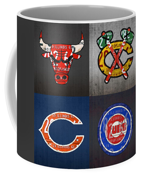 Chicago Coffee Mug featuring the mixed media Chicago Sports Fan Recycled Vintage Illinois License Plate Art Bulls Blackhawks Bears and Cubs by Design Turnpike