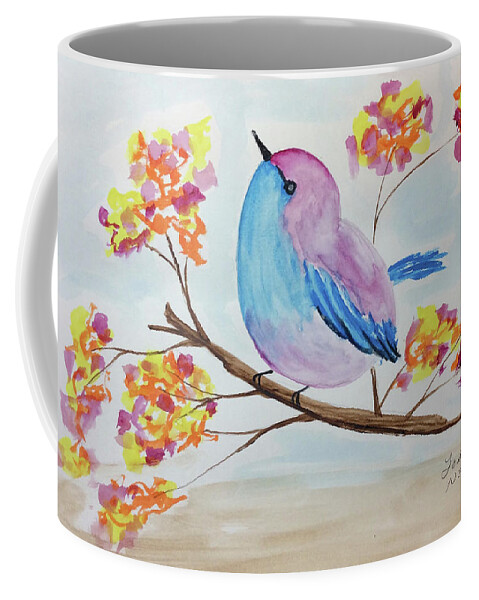 Watercolor Coffee Mug featuring the painting Chickadee on a branch with head up by Martin Valeriano