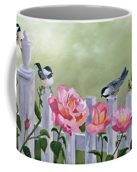 Chickadees Coffee Mug featuring the painting Chickadees and Pink Roses by Julie Peterson