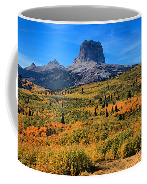 Chief Mountain Coffee Mug featuring the photograph Chief Mountain Fall Panorama by Adam Jewell