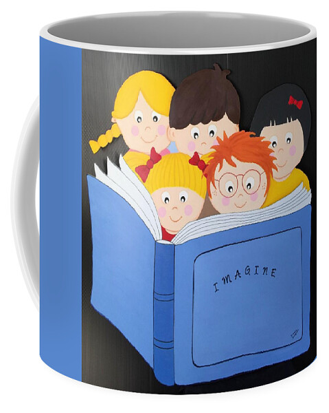 Children Coffee Mug featuring the painting Children Reading Book by Brenda Bonfield
