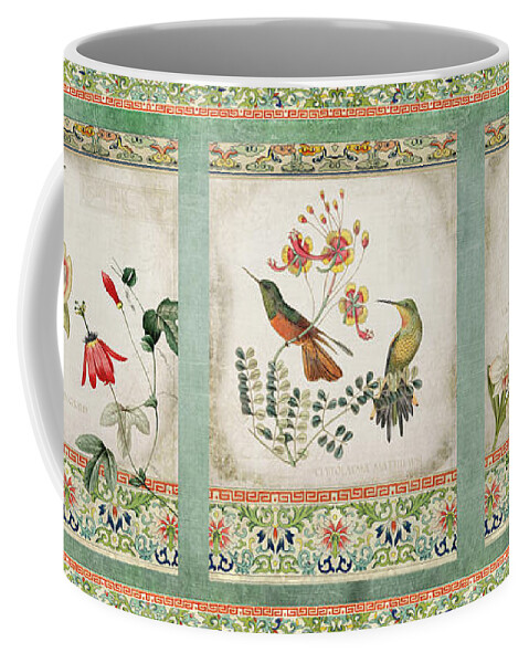 Chinese Ornamental Paper Coffee Mug featuring the digital art Triptych - Chinoiserie Vintage Hummingbirds n Flowers by Audrey Jeanne Roberts