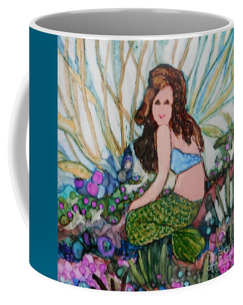 Tiny Mermaid Painted Just For Fun On 4 Square Tile Using Bright Colored Alcohol Ink. Coffee Mug featuring the painting Chloe by Joan Clear