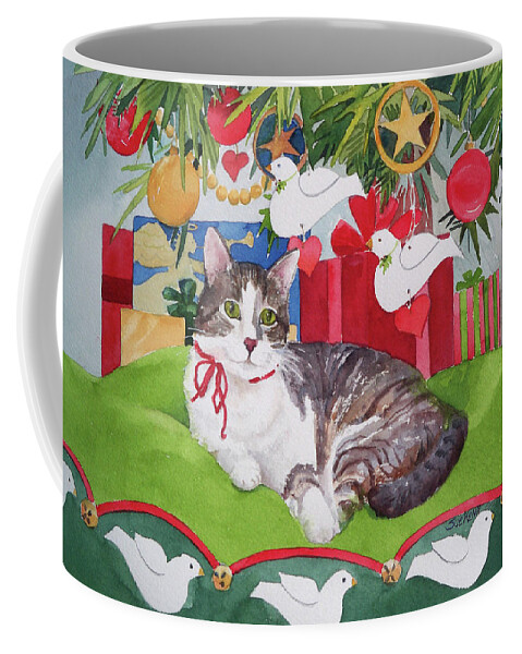 Tabby Cat Coffee Mug featuring the painting Christmas Kitty by Sue Kemp