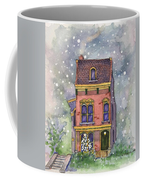 Watercolor Christmas Card Coffee Mug featuring the painting Christmas on North Hill by Rebecca Matthews