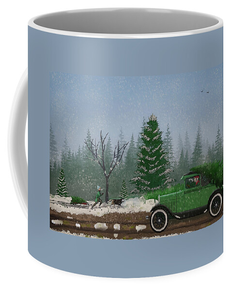 Model A Coffee Mug featuring the digital art Christmas Tree Hunters by Ken Morris