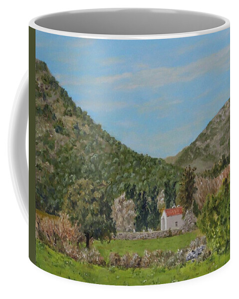 Landscape Coffee Mug featuring the painting Church at Gonias, Askyfou Plateau, Crete by David Capon