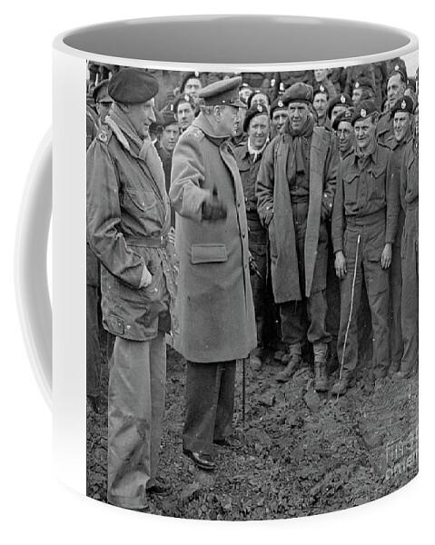 At The Front Coffee Mug featuring the photograph Churchill and Field Marshall Bernard Montgomery visiting troops after the Rhine crossings, 1945 by English School
