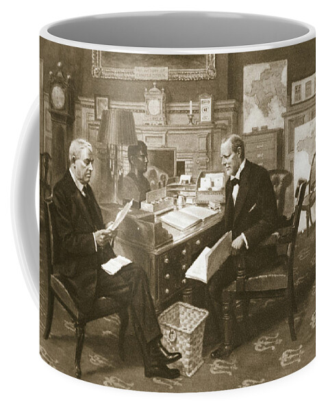 Churchill Coffee Mug featuring the drawing Churchill and Fisher at work by English School