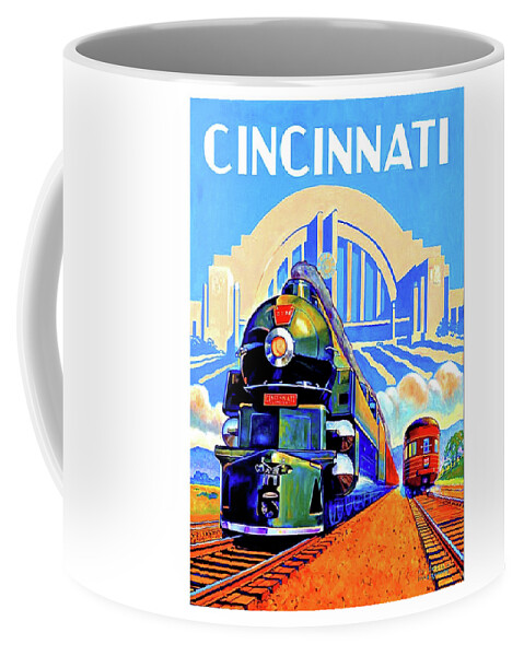 Cincinnati Railway Coffee Mug featuring the painting Cincinnati railway, trains, travel poster by Long Shot
