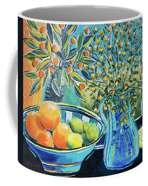 Acrylic Coffee Mug featuring the painting Citrus Fruits In Blue by Seeables Visual Arts