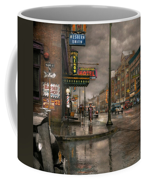 Colorized Coffee Mug featuring the photograph City - Amsterdam NY - Call 666 for Taxi 1941 by Mike Savad