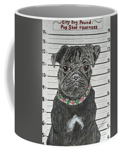 Black Pug Coffee Mug featuring the painting City Dog Pound Pug Shot by Kathy Marrs Chandler